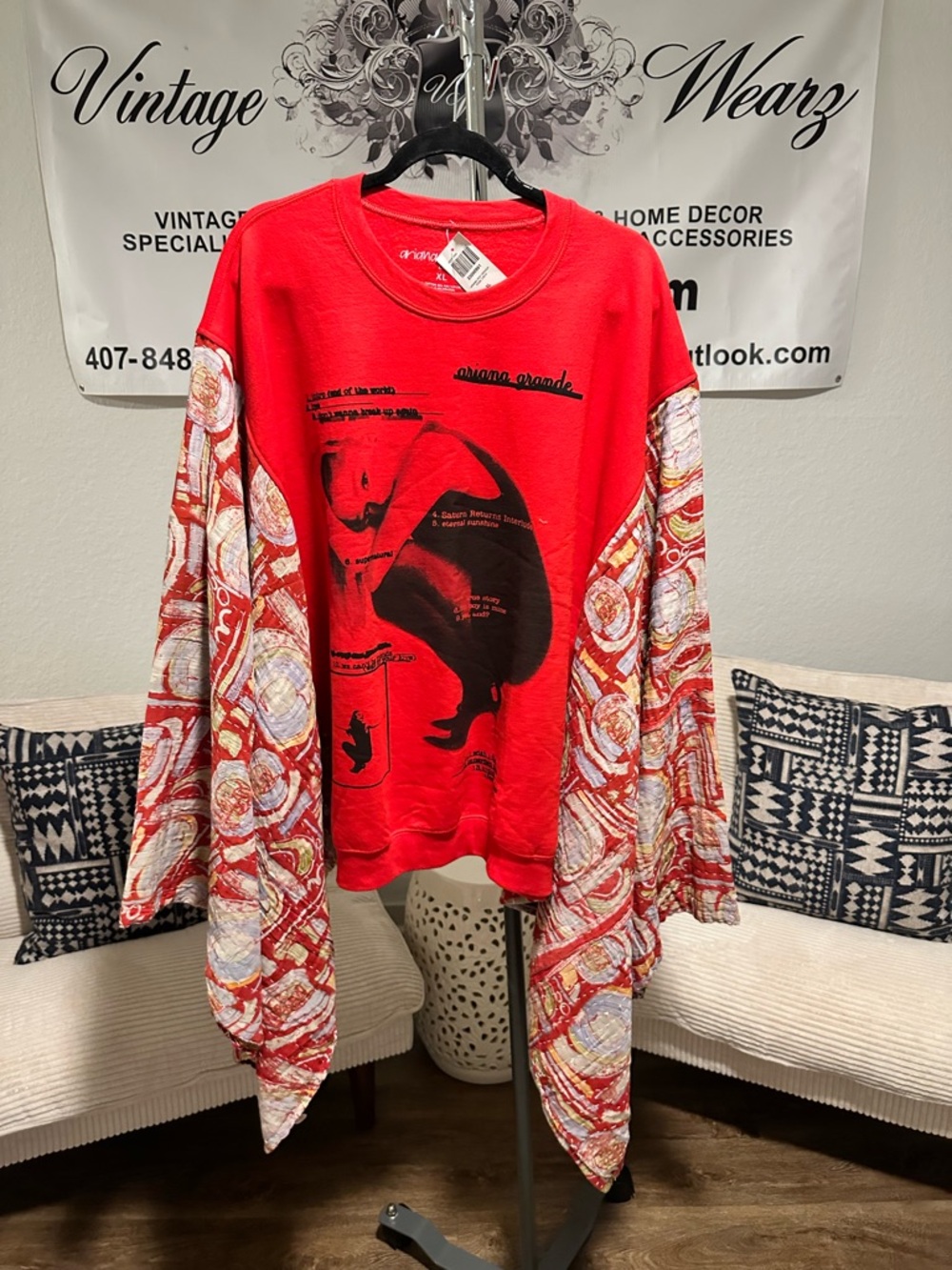 Over 50% OFF!! Ariana Grande NWT Red Graphic Pullover w/ Kantha Sleeves OOAK